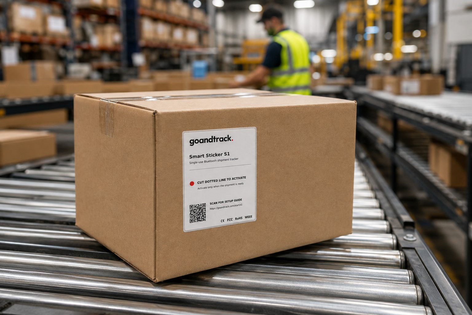 GNTS1 Smart Sticker S1 on a carton moving along an e-commerce fulfilment conveyor
