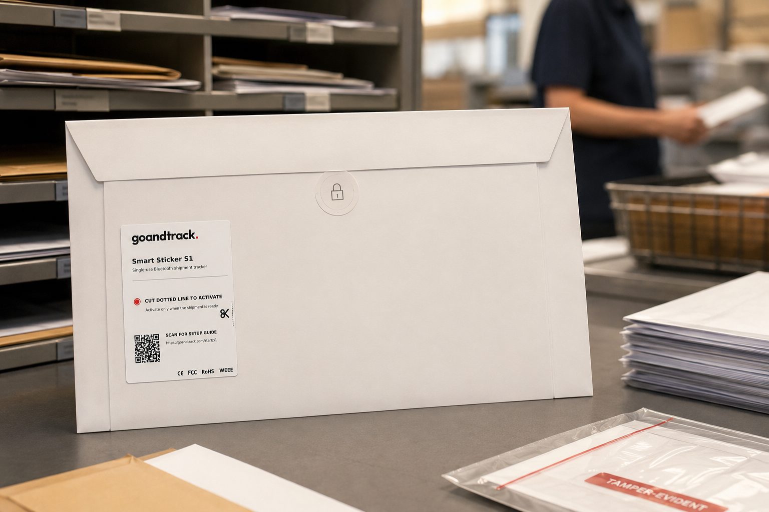 GNTS1 Smart Sticker S1 on a tamper-evident secure document envelope