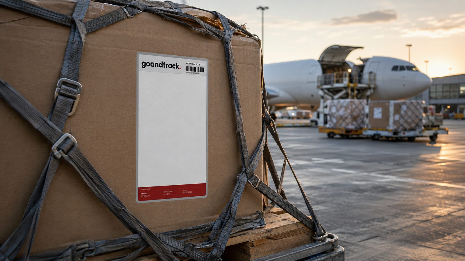 LL100 smart label on netted air-freight cargo with a freighter aircraft behind