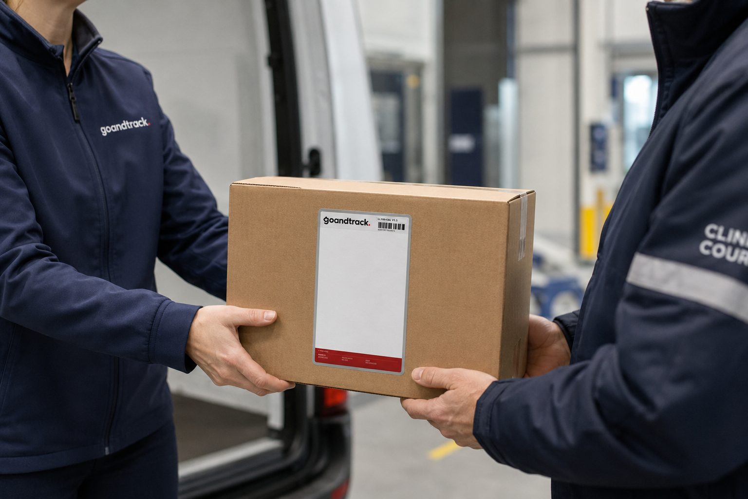 GoAndTrack courier handing a labelled box of clinical trial supplies to a clinical courier