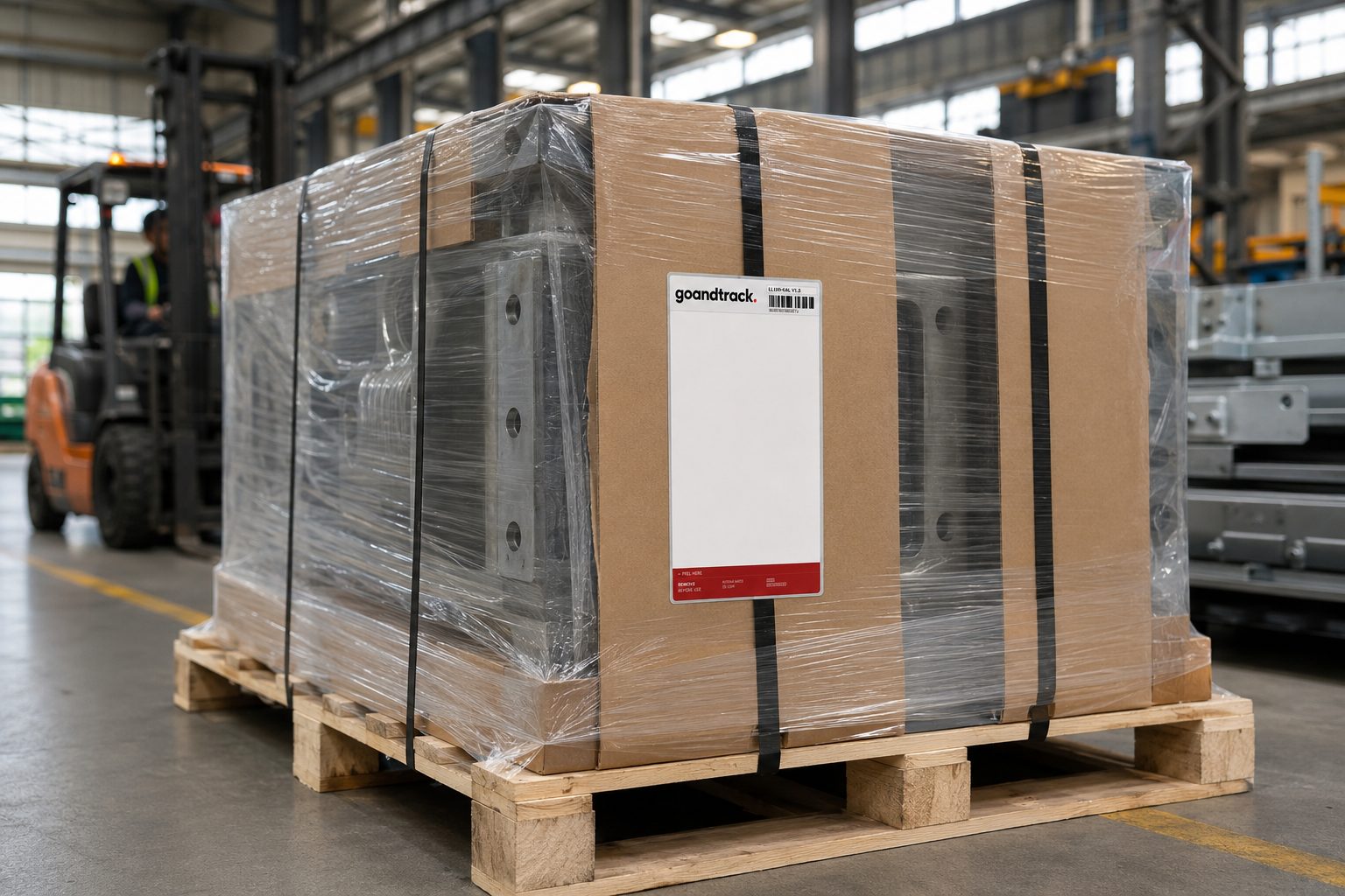 LL100 smart label on a shrink-wrapped industrial pallet with a forklift working behind