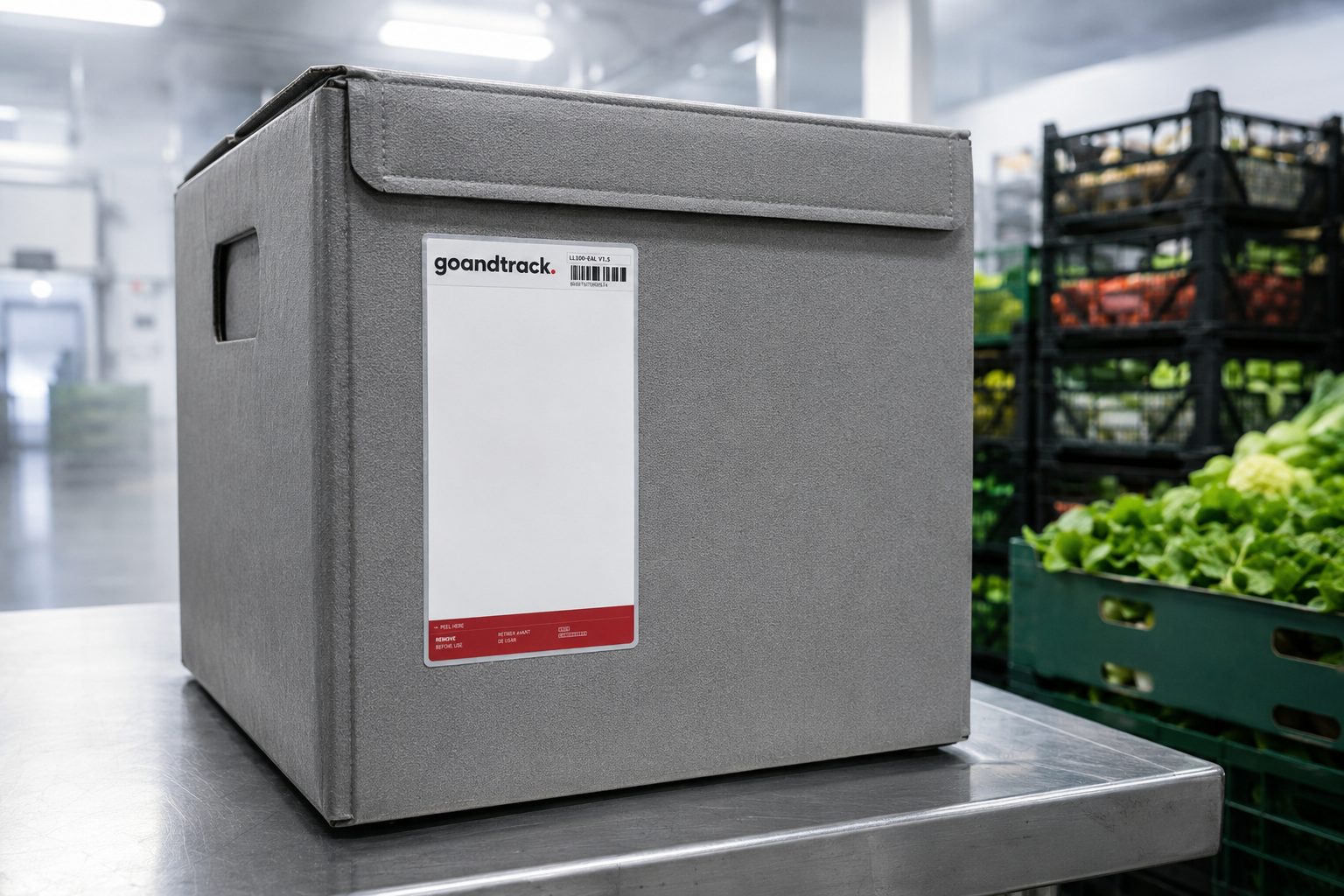 LL100 smart label on an insulated box beside crates of fresh produce in a cold-chain facility