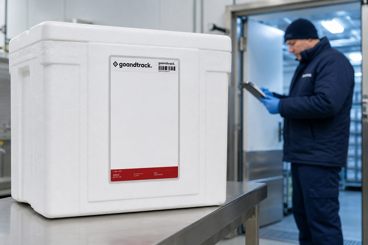 LL100 smart label on a pharmaceutical cold-chain shipper in a cold store while an operative checks a tablet